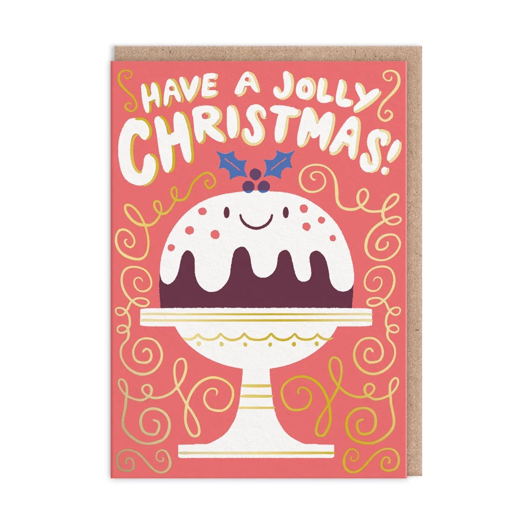 A jolly smiley Christmas pudding sits proudly on its serving dish ready to be enjoyed! The phrase 'Have a jolly Christmas!' is written above in a joyful, playful text. all on a festive red background with doodle line squiggles around.