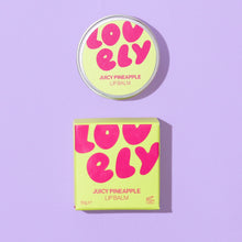 Lovely Skincare's Juicy Pineapple Lip Balm  round tin and its matching square box on a light purple background. 
