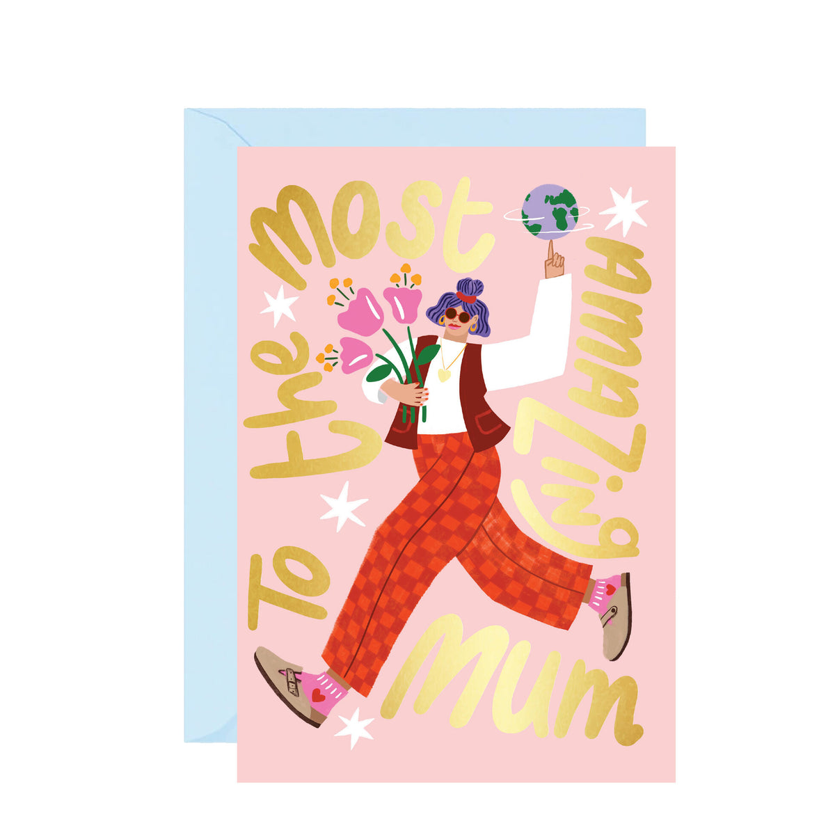 Mother's Day card with illustration of a woman and text 'Most Amazing Mum' on a pink background