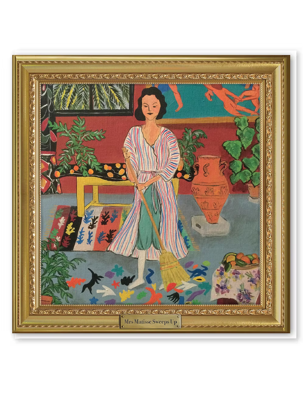 Framed artwork of a Mrs Matisse sweeping with decorative elements and text.