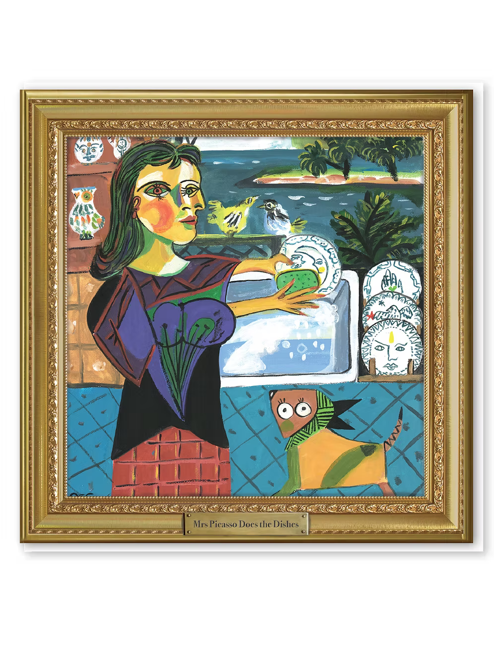 Greeting card featuring an abstract style painting of a woman doing the washing up with the text 'Mrs Picasso Does the Dishes'.