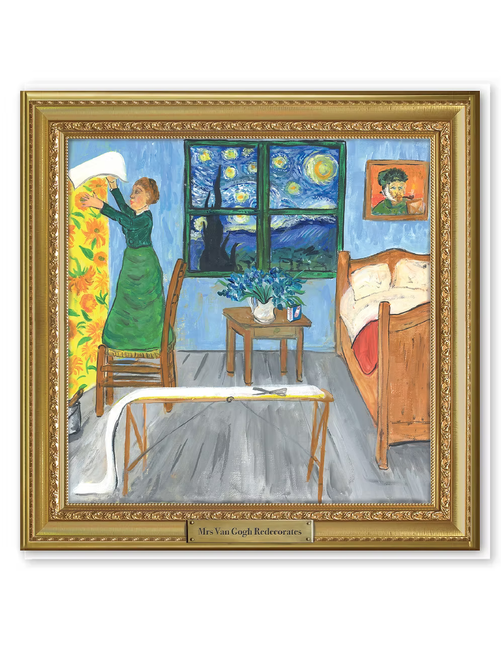 Framed artwork of a room with a woman in a green dress, a bed, and a window with a starry night scene. Text reading Mrs Van Gogh redecorates