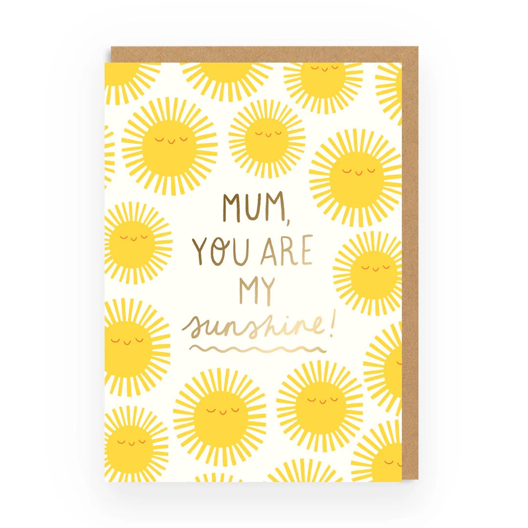 Greeting card with sun design and 'Mum, you are my sunshine!' text on a white background
