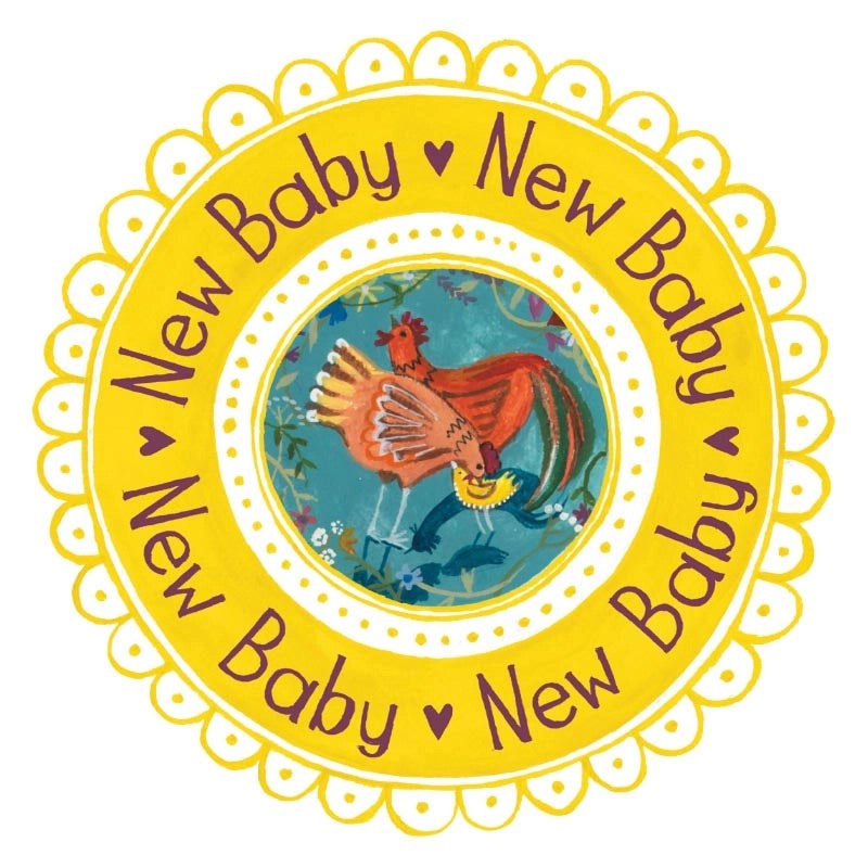 A circular yellow and white wreath with scalloped edges, featuring the words 'New Baby' repeated around the border and a colorful illustration of a family of chickens in the center.