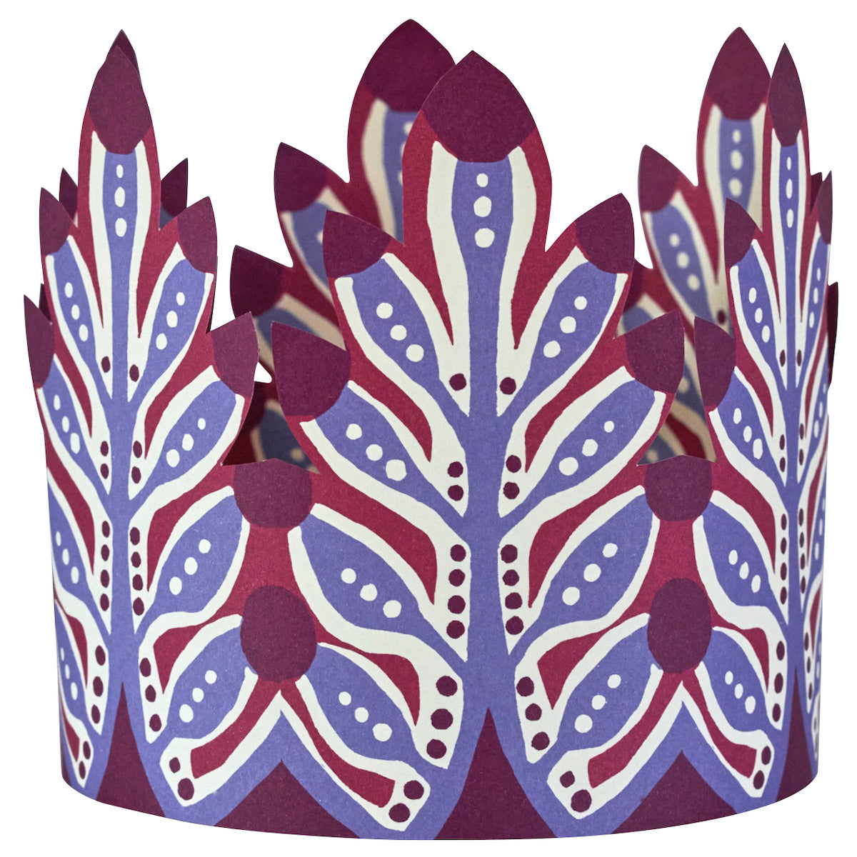 Decorative paper crown with purple and blue patterns on a white background