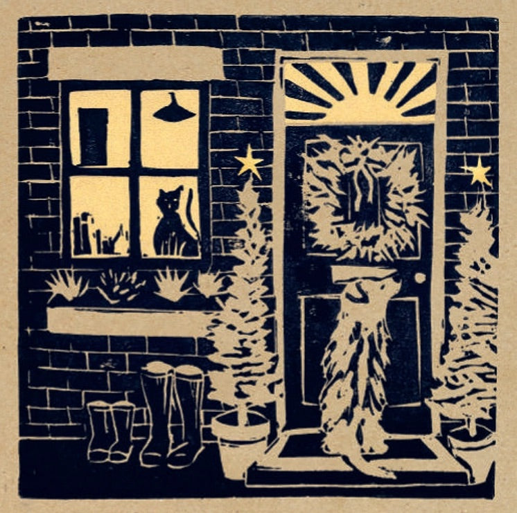 A block print style image of the return from a Christmas day walk, a dog patiently waits by the door which has welly boots lined up outside. A very estive welcome awaits!