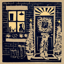 A block print style image of the return from a Christmas day walk, a dog patiently waits by the door which has welly boots lined up outside. A very estive welcome awaits!