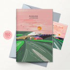A running logbook with a pink and green illustrated cover showing a landscape and the title 'RUNNING LOGBOOK,' displayed with grey envelope on a white background. 