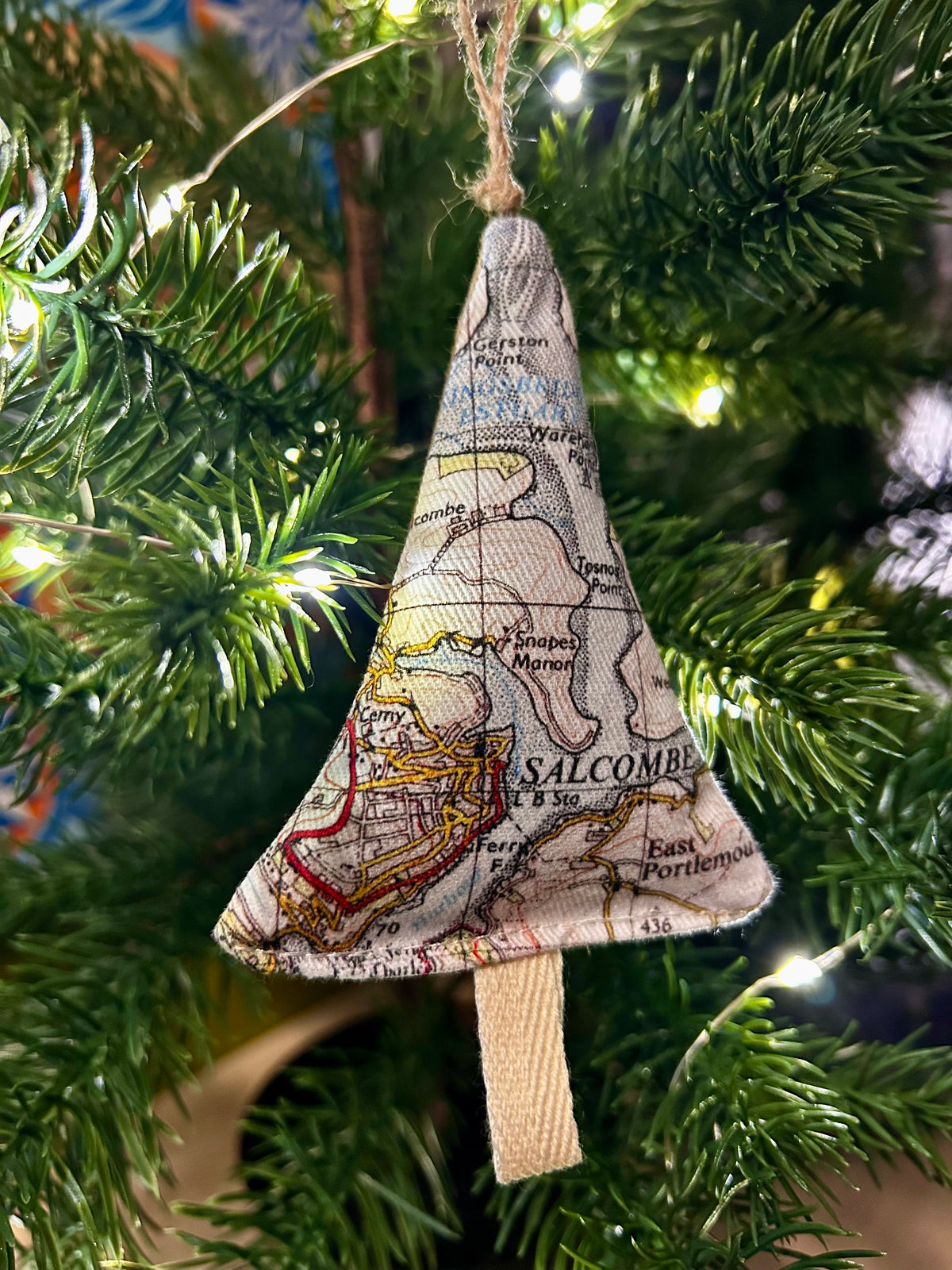 Fabric tree shape hanging ornament featured map of Salcombe, Devon