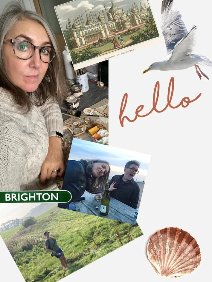 A collage-style travel-themed graphic on a white background featuring a woman in a knit sweater, a seagull, a shell, a printed Brighton scene, a couple by the sea, a grassy outdoor landscape, and the word 'hello' in script.