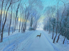 A winter landscape painting showing a snow-covered road lined with bare trees under a pale blue sky, with a deer standing in the center distance.