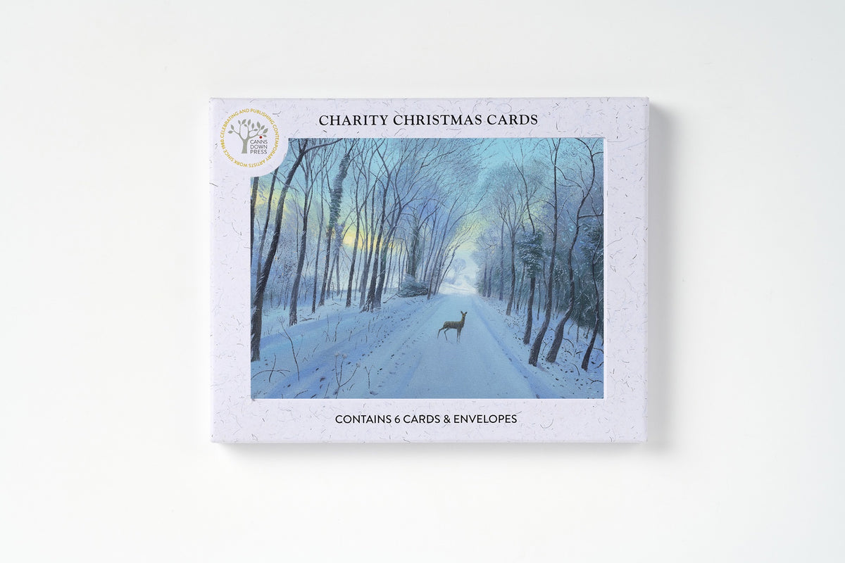 Charity Christmas Cards gift set in a white speckled box featuring a winter forest illustration with a deer on a snowy path, shown on a clean white background.