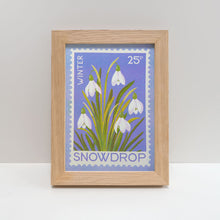 Framed vintage stamp style snowdrop  illustration, photographed against a plain light gray wall and white surface.