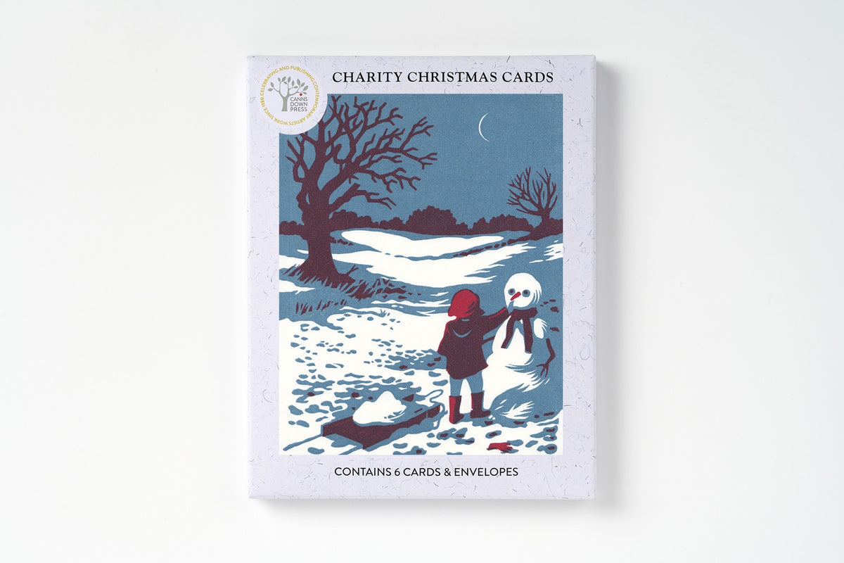 A box of 6 charity Christmas cards that  feature an illustrated winter scene with a child and a snowman in a snowy landscape under a dark blue sky.