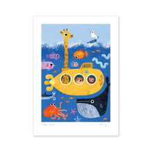 Children's illustration of a yellow submarine with animals on a blue background