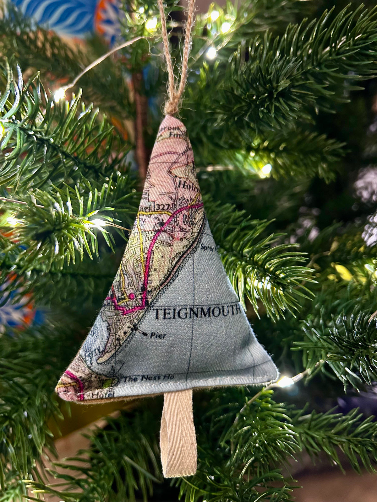 Fabric tree shape hanging ornament featured map of Teignmouth, Devon