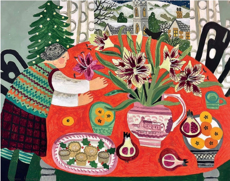 A colorful painting of a woman preparing a festive table laden with flowers, fruit, and mince pies., with a winter village scene throiugh the window.