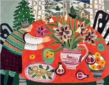 A colorful painting of a woman preparing a festive table laden with flowers, fruit, and mince pies., with a winter village scene throiugh the window.