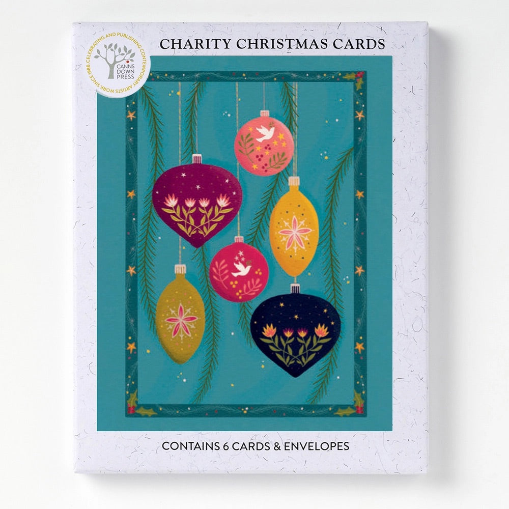 6 Charity Christmas Cards boxed featuring an illustration of colorful vintage hanging Christmas ornaments on a teal background.