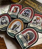 Collection of animal-themed patches on a book