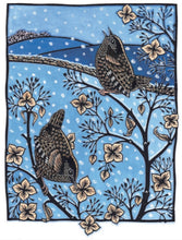 Two wrens in atree and in the background a blue wintry scene of snow covered fields and stone walls. A lovely Christmas card design.