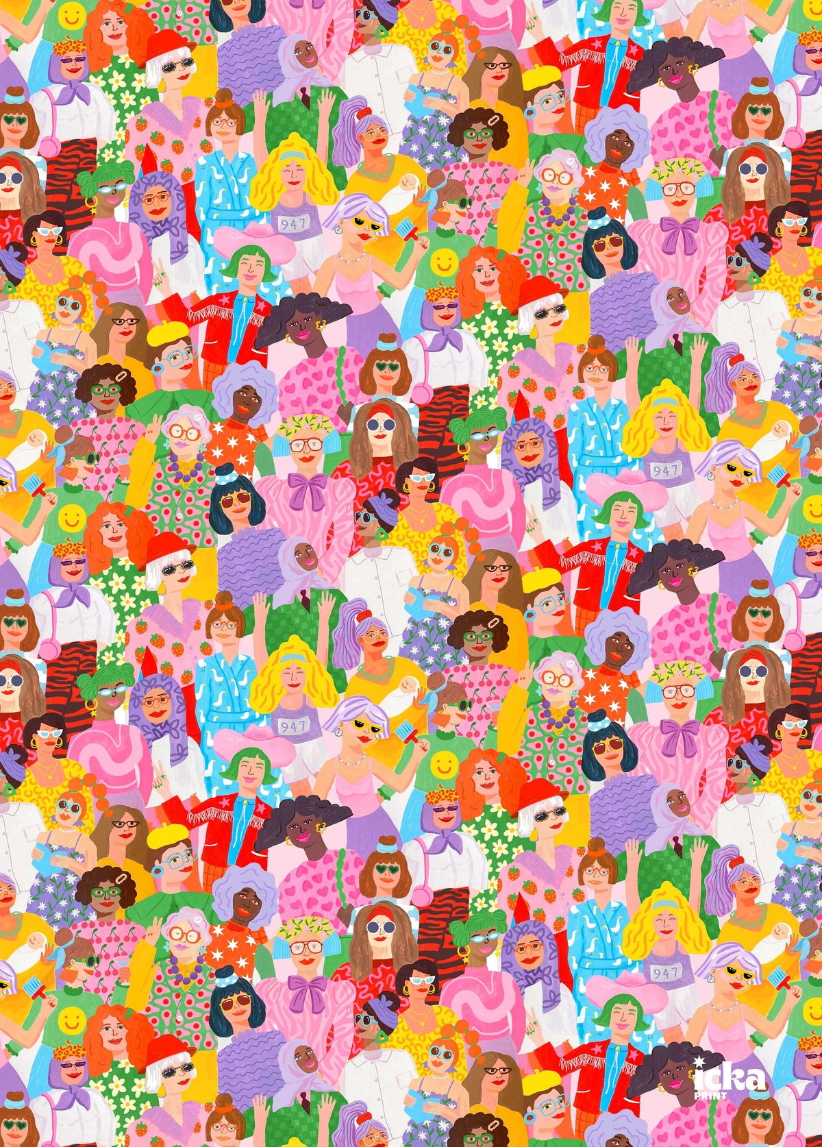 Colourful wrapping paper featuring women of all races by Ickaprint