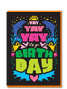 Colorful birthday card with dolphins and celebratory text on a black background