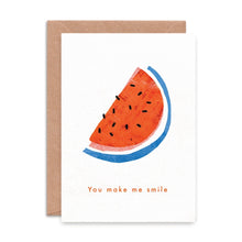 Greeting card with watermelon slice illustration and 'You make me smile' text.