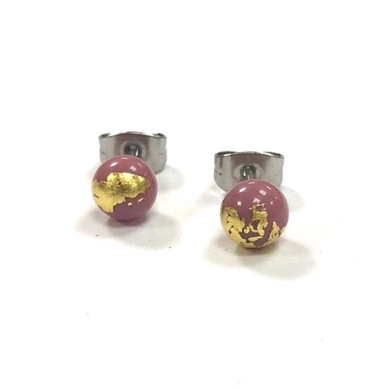 Pink Glass And Gold Handmade Stud Earrings