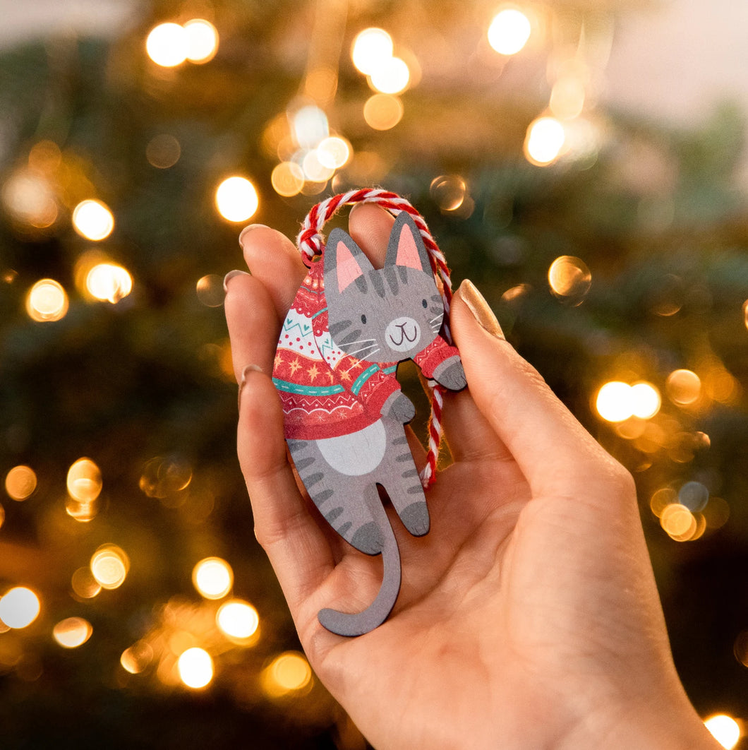 Wooden Grey Cat Christmas Decoration