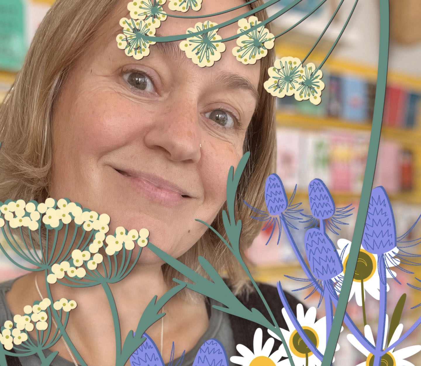 Person with floral overlay in a blurred indoor setting