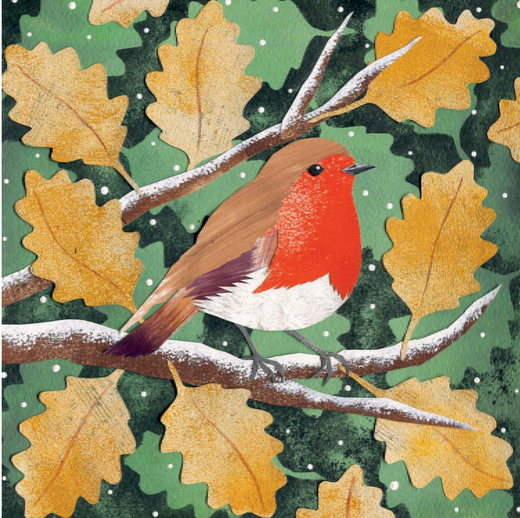 Robin And Oak Leaves Christmas Card, Pack of 6