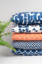 Square Blue, White and Orange Mediterranean Tile Style Marisol Cushion