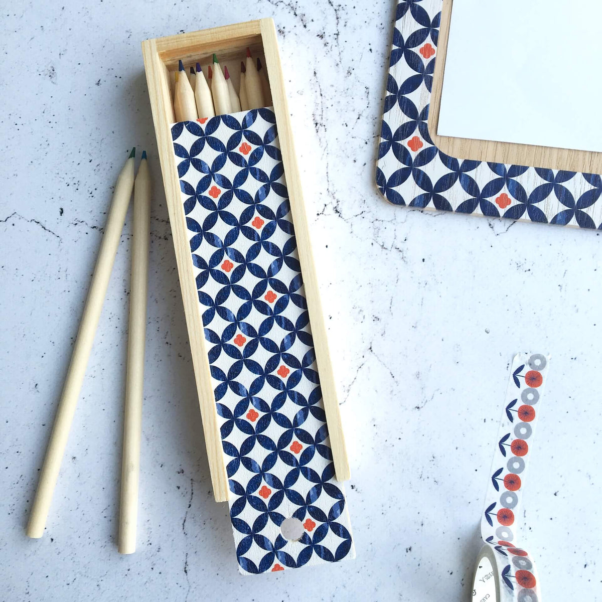Safiya Pencil Box with coloured pencils